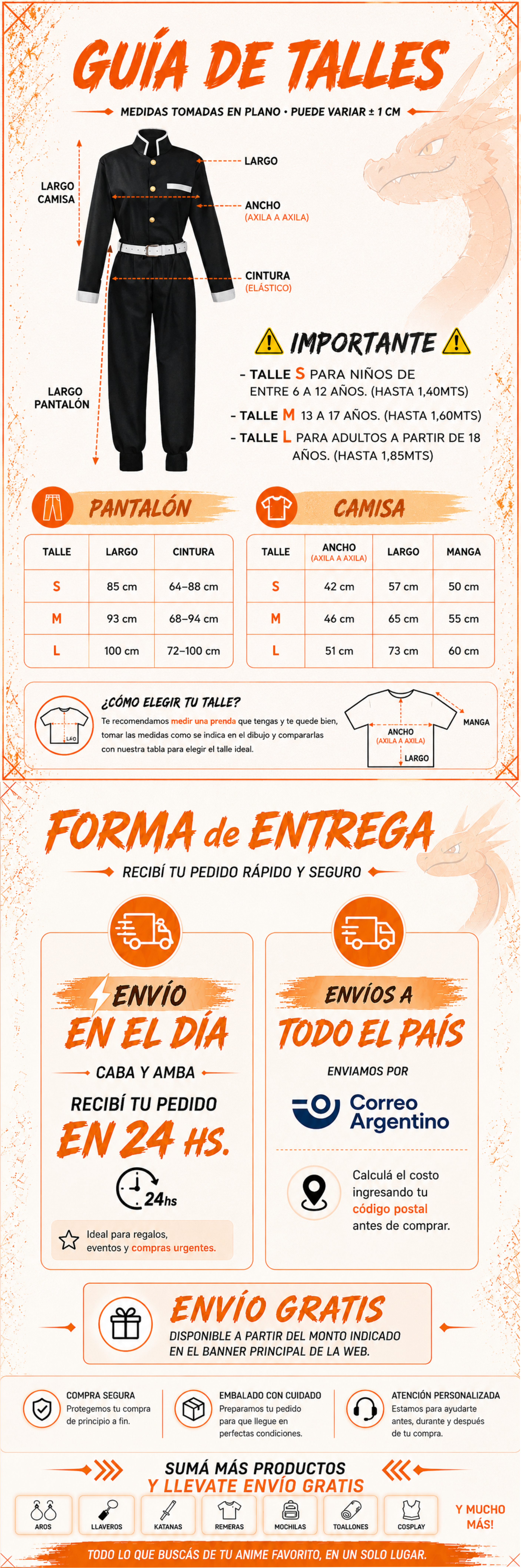 Tabla de talles traje cazador Demon Slayer Kimetsu no Yaiba infantil y adulto